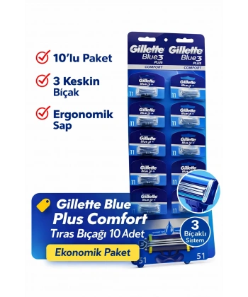 Gillette Blue 3 Plus Comfort Tıraş Bıçağı 10 Adet – 3 Bıçaklı Ergonomik Saplı Erkek Tıraş Bıçağı Seti
