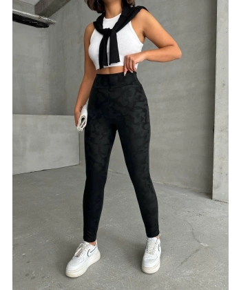 Gizli yan fermuarlı bulut desenli tayt siyah h248638