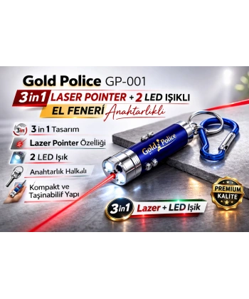 Gold Police GP-001 3 in 1 Laser Pointer + 2 LED Işıklı El Feneri Anahtarlıklı 1 Adet
