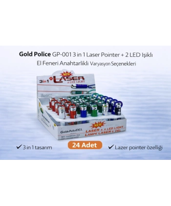 Gold Police GP-001 3 in 1 Laser Pointer + 2 LED Işıklı El Feneri Anahtarlıklı 24 Adet