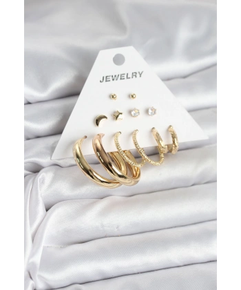 Gold Renk 6 Çiftli Pirinç Kadın Küpe Seti