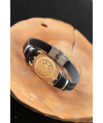 Gold Renk Baykuşlu Metal Aksesuarlı Siyah Renk Deri Erkek Bileklik