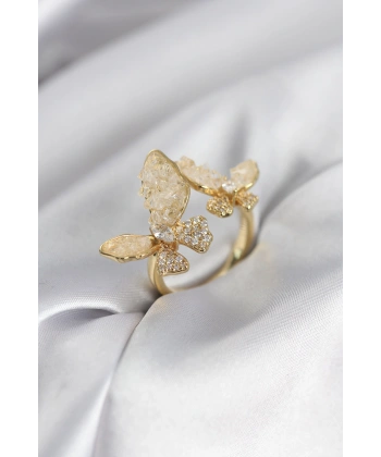 Gold Renk Beyaz Kelebek Model Zirkon Taşlı Kadın Yüzük