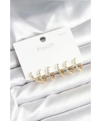 Gold Renk Burgu Halka Model 925 Ayar Gümüş Çivili Pirinç Küpe Seti