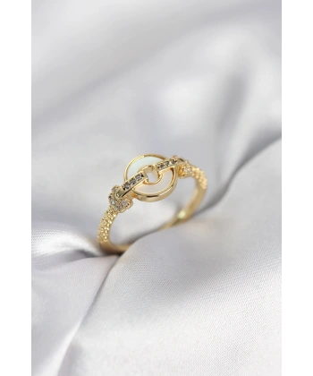 Gold Renk Daire Form Sedef ve Zirkon Taşlı Kadın Yüzük