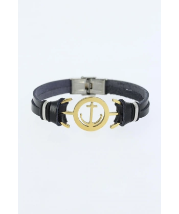 Gold Renk Deniz Çapası Figürlü Metal Aksesuarlı Siyah Renk Deri Erkek Bileklik