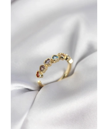 Gold Renk Kalp Model Renkli Zirkon Taşlı Kadın Yüzük