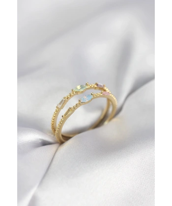 Gold Renk Karışık Renk Zirkon Taşlı Kadın Yüzük