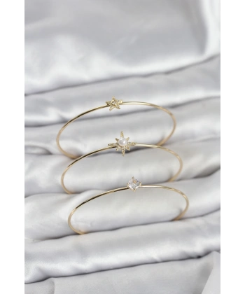 Gold Renk Kutup Yıldızı Model Zirkon Taşlı 3lü Kadın Bileklik Kombini