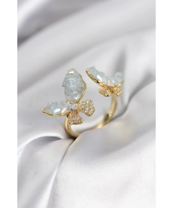 Gold Renk Mavi Kelebek Model Zirkon Taşlı Kadın Yüzük