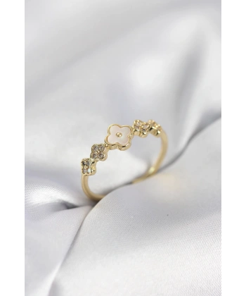 Gold Renk Minimal Yonca ve Zirkon Taşlı Kadın Yüzük