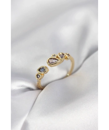 Gold Renk Mor Damla Zirkon Taşlı Kadın Yüzük