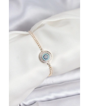 Gold Renk Nazar Model Zirkon Taşlı Asansörlü Su Yolu Bileklik