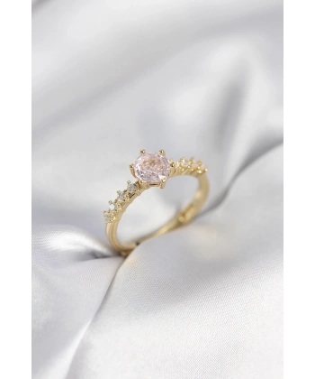 Gold Renk Pembe Tek Taş Model Zirkon Taşlı Kadın Yüzük