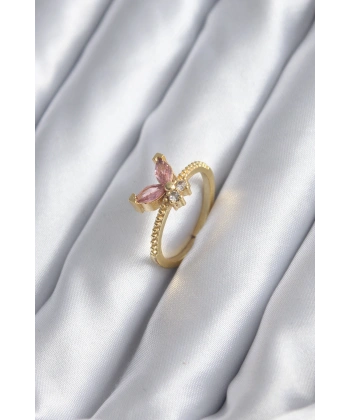 Gold Renk Pembe Zirkon Taşlı Kelebek Model Kadın Yüzük