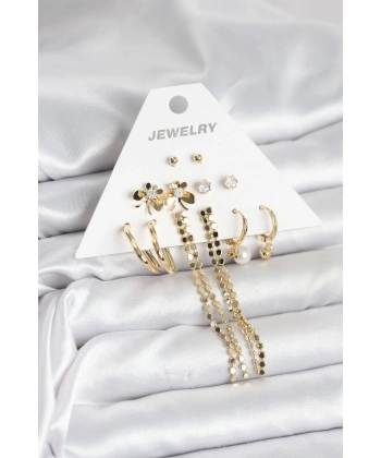 Gold Renk Pirinç 6lı Kadın Küpe Seti