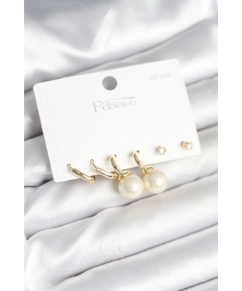 Gold Renk Pirinç 925 Ayar Gümüş Çivili Kadın Küpe Seti