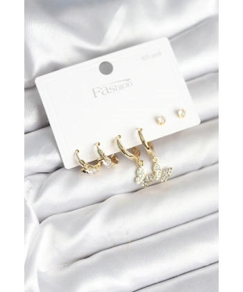 Gold Renk Pirinç Kelebek Model 925 Ayar Gümüş Çivili Kadın Küpe Seti