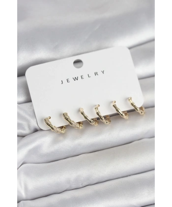 Gold Renk Pirinç Kemik Model 3 Çift Kadın Küpe Seti