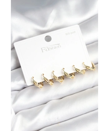 Gold Renk Pirinç Sarmal Model 925 Ayar Gümüş Çivili Kadın Küpe Seti