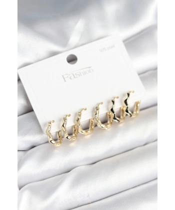 Gold Renk Pirinç Zikzak Model 925 Ayar Gümüş Çivili Kadın Küpe Seti