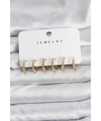 Gold Renk Pirinç Zirkon Taşlı Halka Kadın Küpe Seti