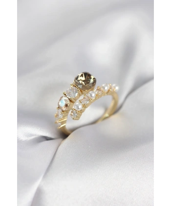 Gold Renk Pirinç Zirkon Taşlı İncili Kadın Yüzük