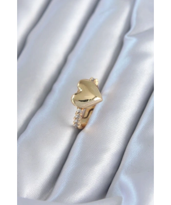 Gold Renk Pirinç Zirkon Taşlı Kalp Model Kadın Yüzük