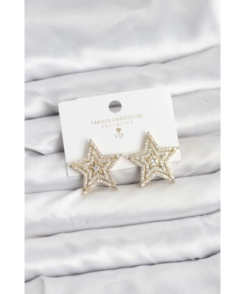 Gold Renk Pirinç Zirkon Taşlı Yıldız Model Kadın Küpe