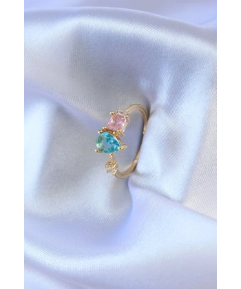 Gold Renk Renkli Zirkon Taşlı Pirinç Kadın Yüzük