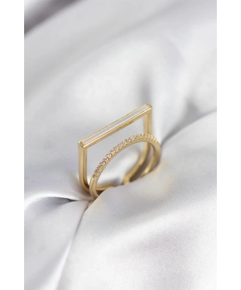 Gold Renk Sedefli Zirkon Taşlı 2li Kadın Yüzük