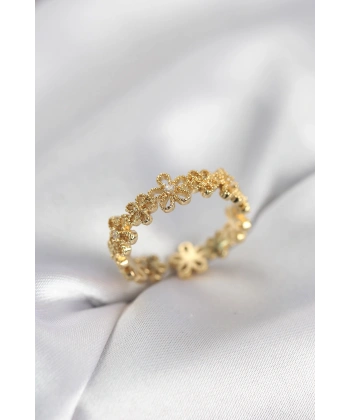 Gold Renk Sıralı Çiçek Model Zirkon Taşlı Kadın Yüzük