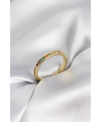 Gold Renk Sıralı Renkli Zirkon Taşlı Kadın Yüzük