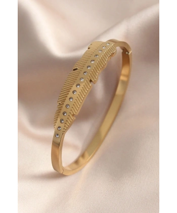 Gold Renk Yaprak Model Zirkon Taş Detay Kelepçe Kadın Bileklik