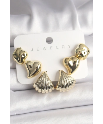 Gold Renk Yonca Kalp Deniz Kabuğu Figür CCB Kadın Küpe Seti