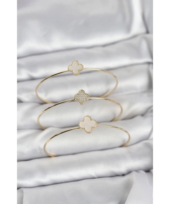Gold Renk Yonca Model Zirkon Taşlı 3lü Kadın Bileklik Kombini