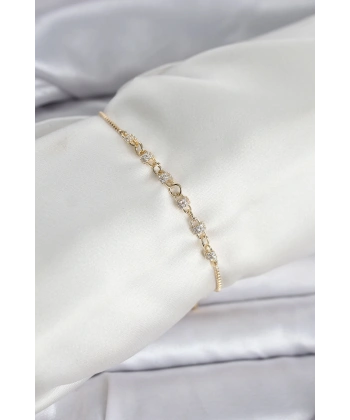 Gold Renk Zincir Model Zirkon Taşlı Pirinç Asansörlü Kadın Bileklik