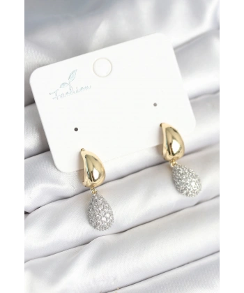 Gold Renk Zirkon Taşlı Damla Pirinç Kadın Küpe