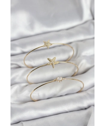 Gold Renk Zirkon Taşlı Deniz Yıldızı Model 3lü Kadın Bileklik Kombini