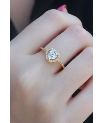 Gold Renk Zirkon Taşlı Kalp Model Charm Pirinç Kadın Yüzük