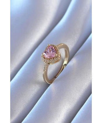 Gold Renk Zirkon Taşlı Kalp Model Pirinç Charm Kadın Yüzük