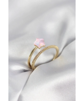 Gold Renk Zirkon Taşlı Pembe Halley Model Kadın Yüzük