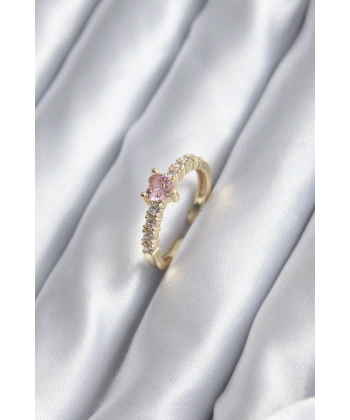 Gold Renk Zirkon Taşlı Pembe Kristal Kalp Model Kadın Yüzük