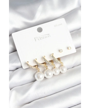 Gold Renk Zirkon Taşlı Pirinç İncili 925 Ayar Gümüş Çivili Küpe Seti