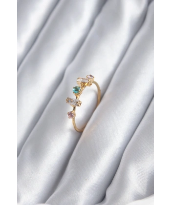 Gold Renk Zirkon Taşlı Renkli Zirkon Taşlı Kadın Yüzük
