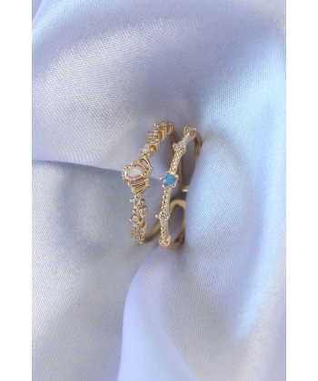 Gold Renk Zirkon Taşlı Taç Figür Pirinç Kadın Yüzük