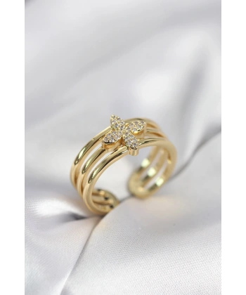 Gold Renk Zirkon Taşlı Yonca Model Kadın Yüzük