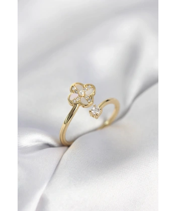 Gold Renk Zirkon Taşlı Yonca Model Kadın Yüzük