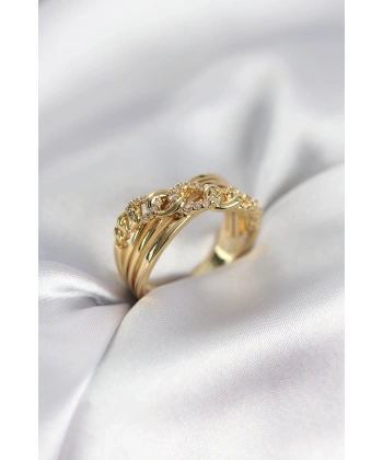 Gold Renk Zirkon Taşlı Zincir Model Kadın Yüzük