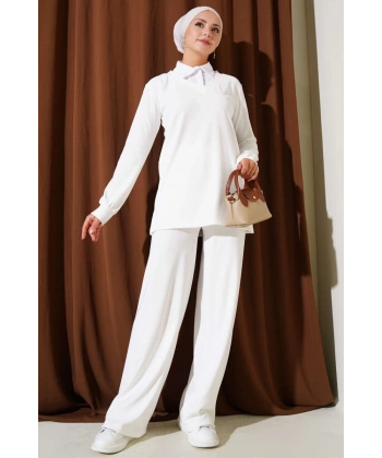 Gömlek Yaka Fitilli Salaş İkili Takım beyaz T4300